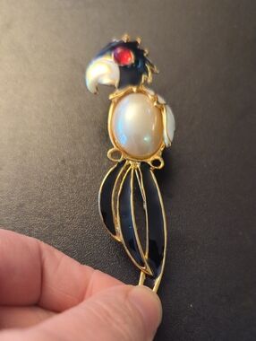 Vintage 1960s Enamel And Faux Pearl Parrot Brooch